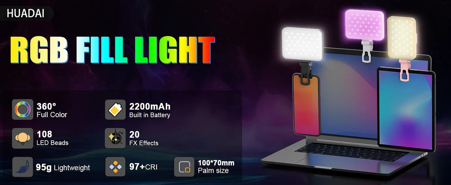 108 LED RGB Camera Light Full Color Output Video Light Kit Dimmable 2500K-9000K Bi-Color Panel Light CRI 95+ Rechargeable