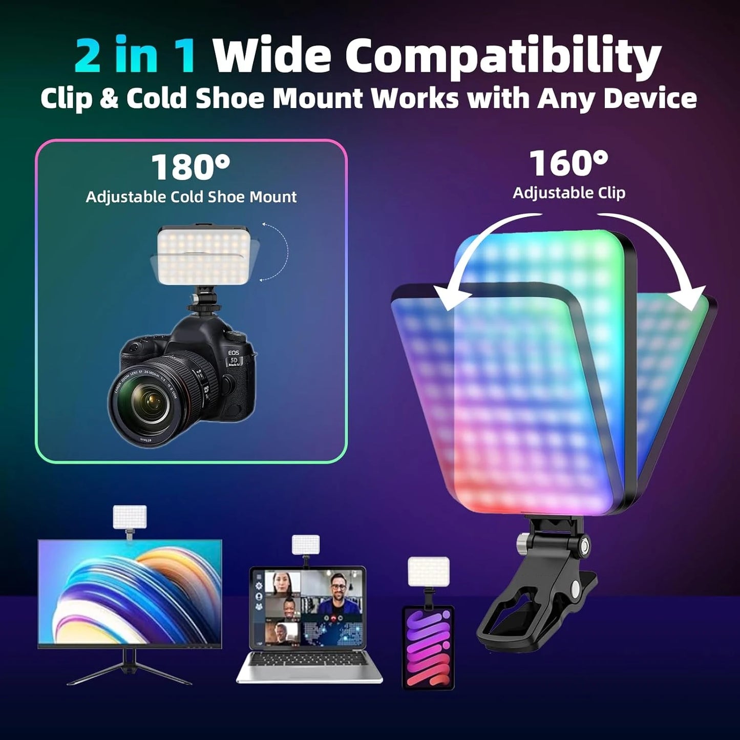 108 LED RGB Camera Light Full Color Output Video Light Kit Dimmable 2500K-9000K Bi-Color Panel Light CRI 95+ Rechargeable