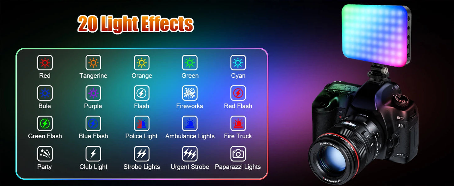108 LED RGB Camera Light Full Color Output Video Light Kit Dimmable 2500K-9000K Bi-Color Panel Light CRI 95+ Rechargeable